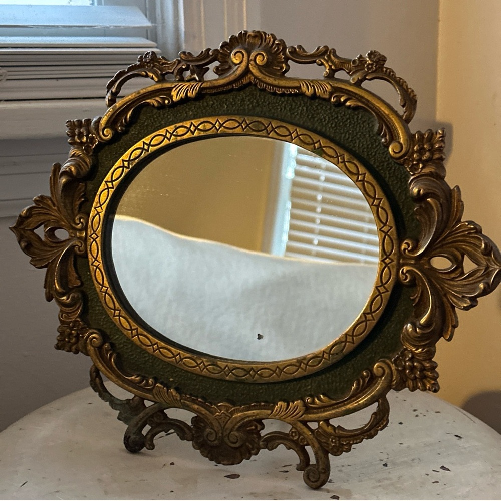 Antique MIRROR Baroque French vanity free standing solid Brass with green detail - Picture 5 of 16